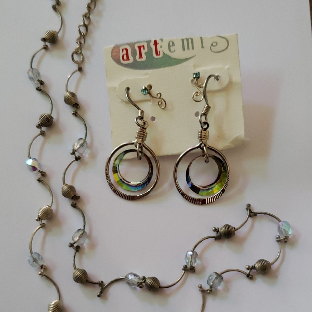 3 items Beautiful Silver & Blue Necklace, Earrings + Prism Crystal Earrings Set